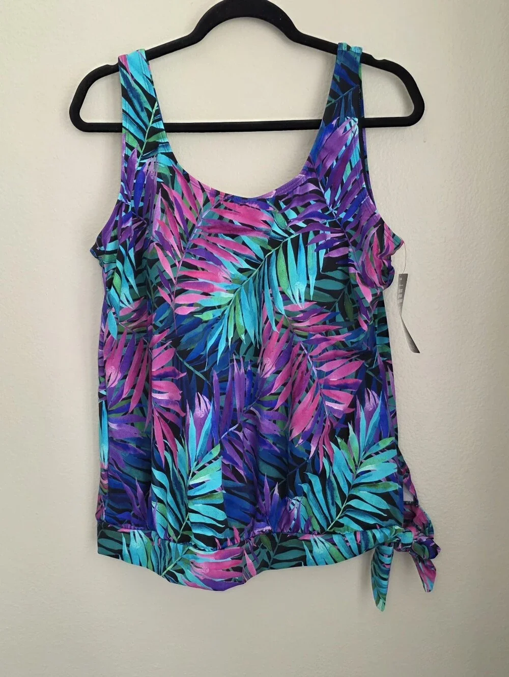 Swimsuits For All Women's Side Tie Blouson Tankini Top Tropical Palm 16 NWT